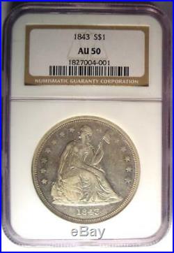 1843 Seated Liberty Silver Dollar $1 Coin NGC AU50 Rare $950 Value