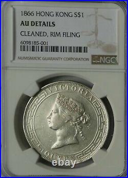1866 Hong Kong Victoria Silver Dollar Coin NGC AU Rare