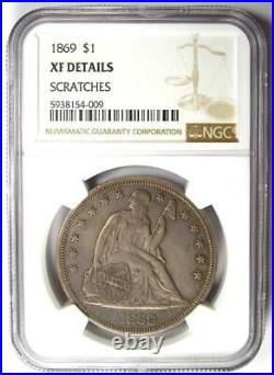 1869 Seated Liberty Silver Dollar $1 Certified NGC XF Detail (EF) Rare Date