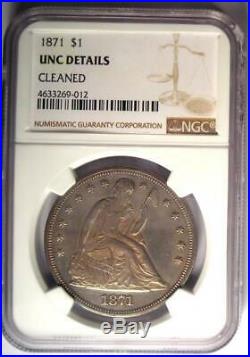 1871 Seated Liberty Silver Dollar $1 NGC Uncirculated Details (UNC MS) Rare