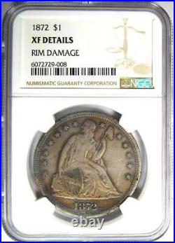 1872 Seated Liberty Silver Dollar $1 Certified NGC XF Detail (EF) Rare Coin