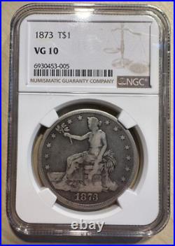 1873 Trade Dollar NGC VG-10 Silver Nice Surfaces Low Mintage Underrated Date 1873 Trade Dollar NGC VG-10 Silver Nice Surfaces Low Mintage Underrated Date