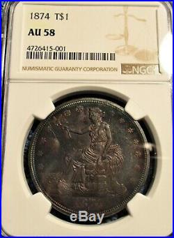 1874-P Trade Dollar NGC AU 58 Beautiful and Scarce
