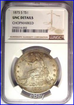 1875-S Trade Silver Dollar T$1 NGC Uncirculated Details Chop Mark (UNC MS)