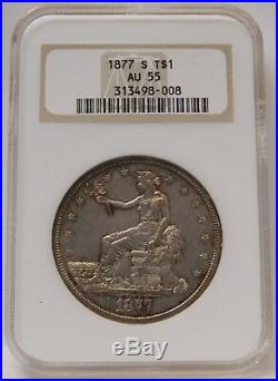 1877-S Trade Silver Dollar NGC AU55 Beautiful Toned Old Holder Fatty Gen 5