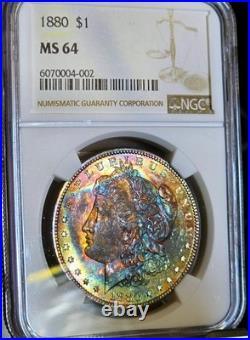 1880 Morgan Silver Dollar NGC MS64 Monster Rainbow EOR End Roll Toned Coin $1 PQ