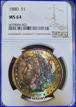 1880 Morgan Silver Dollar NGC MS64 Monster Rainbow EOR End Roll Toned Coin $1 PQ