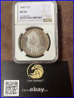1880-S Morgan Silver Dollar Coin NGC MS 64 Very PL Look! San Francisco