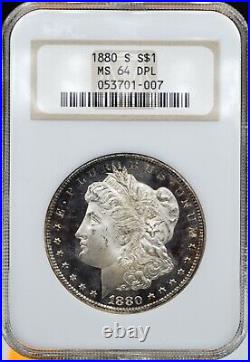 1880-S Morgan Silver Dollar NGC MS64 DPL, Heavy Cameo, Rainbow Toned DMPL Rarity