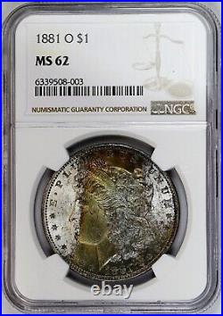 1881-O Morgan Silver Dollar, NGC MS62, Thick Multi-Colored Tone Obverse, Frosty