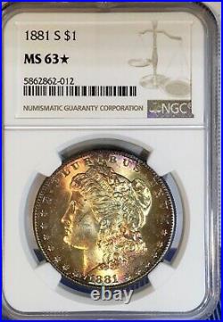 1881-S Morgan Dollar NGC MS63 Golden Peach Rainbow Toned With Red Rim Dual Toned