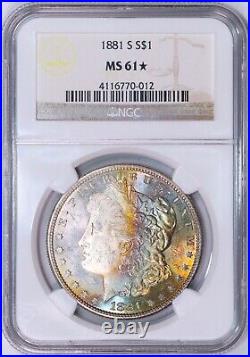 1881-S Morgan Silver Dollar NGC MS61 STAR Rainbow Toned Obverse Pretty Coin