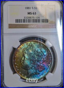 1881-S Morgan Silver Dollar NGC MS63 Monster Rainbow Textile Toned Coin Looks PL