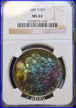 1881-S Morgan Silver Dollar NGC MS63 Monster Rainbow Textile Toned Coin Looks PL