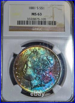 1881-S Morgan Silver Dollar NGC MS63 Monster Rainbow Textile Toned Coin Looks PL