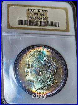1881-S Morgan Silver Dollar NGC MS64 Rainbow Toning Both Sides Old Fatty Holder