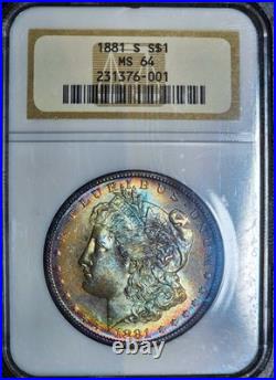 1881-S Morgan Silver Dollar NGC MS64 Rainbow Toning Both Sides Old Fatty Holder