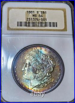 1881-S Morgan Silver Dollar NGC MS64 Rainbow Toning Both Sides Old Fatty Holder