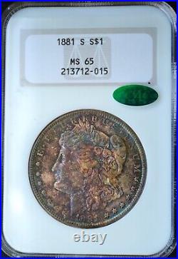 1881-S Morgan Silver Dollar NGC MS65, CAC, Old Holder, Gorgeous Rainbow Tone