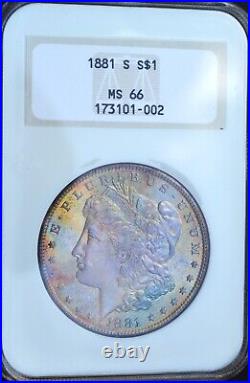 1881-S Morgan Silver Dollar NGC MS66, Wild Rainbow Tone, Old Holder, Semi-PL