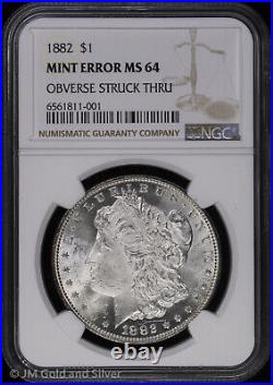 1882 P Morgan Silver Dollar NGC Mint Error MS 64 Obv Struck Thru UNC BU