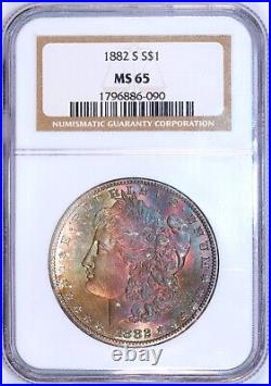1882-S Morgan Silver Dollar NGC MS65 Neon Rainbow Obverse Toner Gem Morgan