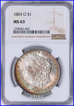 1883-O Morgan Silver Dollar NGC MS63 Pretty Rainbow Crescent Toning