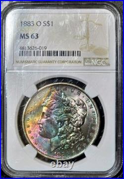 1883-O Morgan Silver Dollar NGC MS63 Rainbow Textile Bag Toned Coin