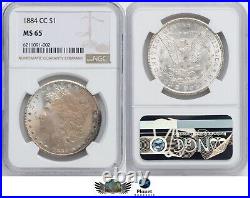 1884-CC Morgan Silver Dollar, NGC MS65, Sand Glossed, Rainbow Toned Edge, Luster