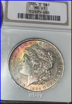 1884-O Morgan Silver Dollar NGC MS61 Toned Crescent Obv, Frosty Reverse