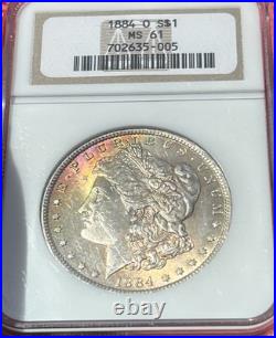 1884-O Morgan Silver Dollar NGC MS61 Toned Crescent Obv, Frosty Reverse