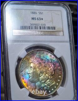 1885 Morgan Silver Dollar NGC MS 63 STAR Textile Rainbow Neon Monster Toned Coin