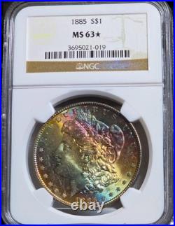 1885 Morgan Silver Dollar NGC MS 63 STAR Textile Rainbow Neon Monster Toned Coin