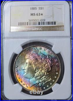 1885 Morgan Silver Dollar NGC MS 63 STAR Textile Rainbow Neon Monster Toned Coin