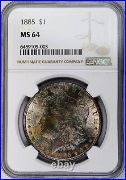 1885 Morgan Silver Dollar, NGC MS64, Forest Green-Yellow Hints, Copper Toned