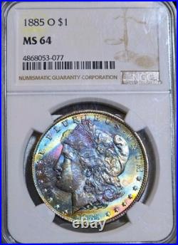 1885-O Morgan Silver Dollar NGC MS64 Rainbow End Roll Monster Toned Coin CH $1