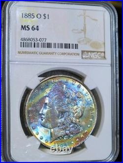 1885-O Morgan Silver Dollar NGC MS64 Rainbow End Roll Monster Toned Coin CH $1