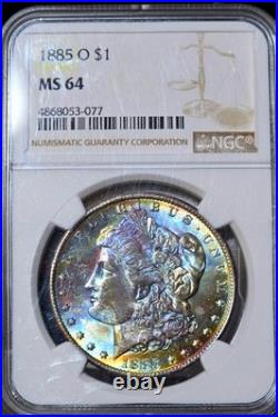 1885-O Morgan Silver Dollar NGC MS64 Rainbow Textile Tab Toned Coin Great Luster