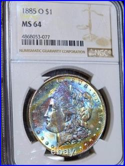 1885-O Morgan Silver Dollar NGC MS64 Rainbow Textile Tab Toned Coin Great Luster