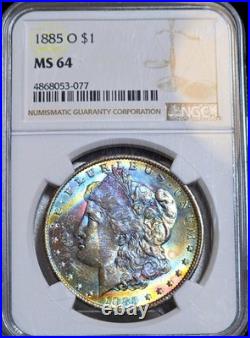 1885-O Morgan Silver Dollar NGC MS64 Rainbow Textile Tab Toned Coin Great Luster