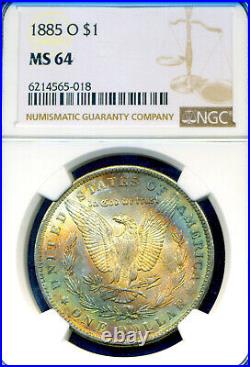 1885-O NGC MS64 Rainbow Toned Morgan Dollar