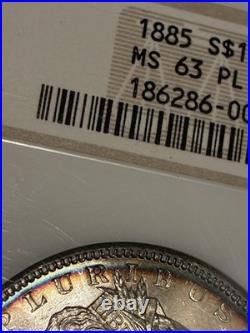 1885 P MS63 PL Proof Like Morgan Silver Dollar Fatty Rainbow Toning Superb Cameo