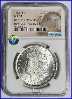1885 P Morgan Silver Dollar NGC MS-63 NY Bank Hrd U. S. Treasury Bag Sight White