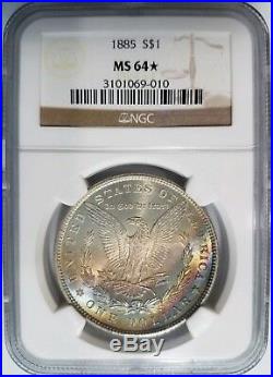 1885 Silver Morgan Dollar NGC MS 64 Star Monster Rainbow Crescent Toned Toning