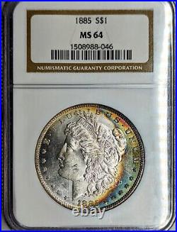 1885 p Ms64 morgan silver dollar NGC With Large Rainbow Crescent Toning Gorgeous