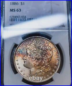 1886 $1 Morgan Silver Dollar Coin NGC MS 63 Color Toning Rainbow Toned UNC PQ