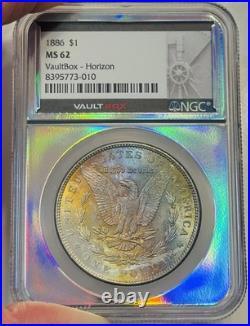1886 Morgan Dollar NGC MS62 Holo Core Vaultbox Horizon RAINBOW toned Rev Mounted