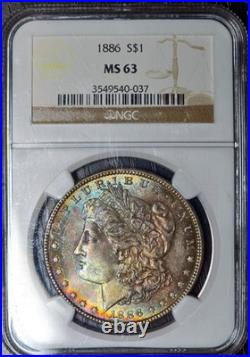 1886 Morgan Silver Dollar NGC MS63 US $1 Rainbow Toned Coin Both Sides UNC CH BU