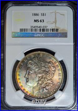 1886 Morgan Silver Dollar NGC MS63 US $1 Rainbow Toned Coin Both Sides UNC CH BU