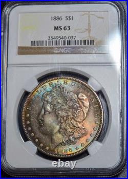 1886 Morgan Silver Dollar NGC MS63 US $1 Rainbow Toned Coin Both Sides UNC CH BU